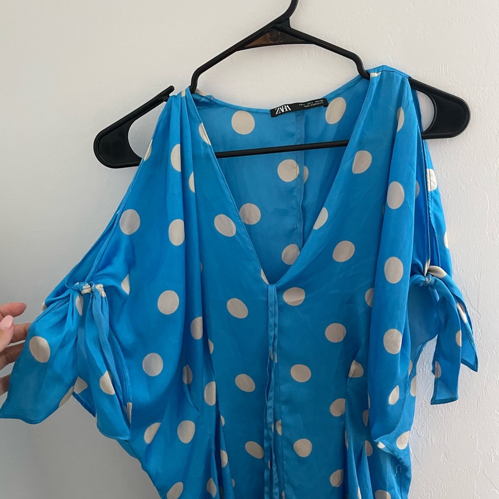 Zara Blue Tie Front Blouse with White Polka Dots